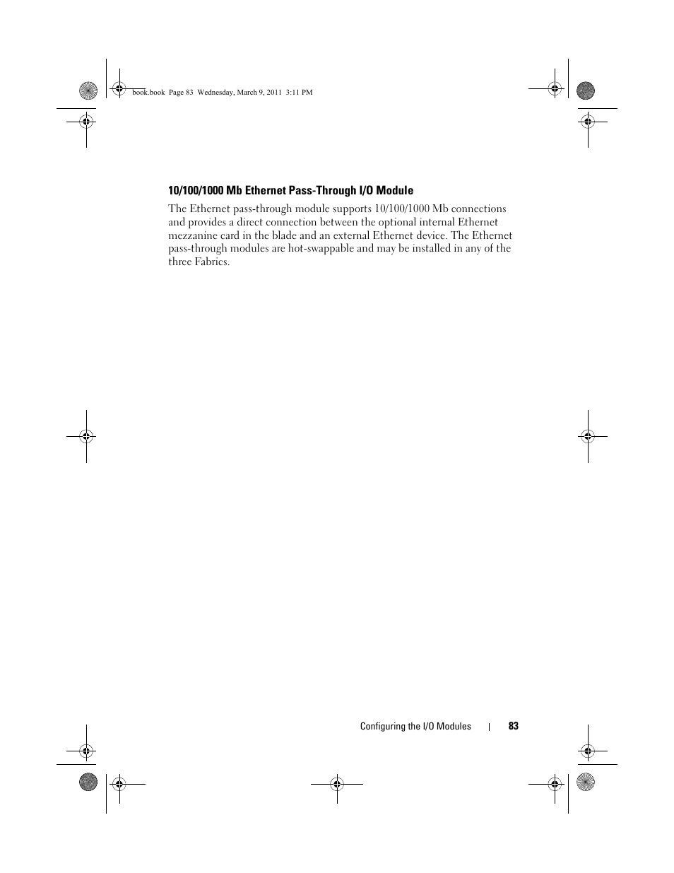 10/100/1000 mb ethernet pass-through i/o module, 10/100/1000 mb ethernet pass-through, I/o module | Dell POWEREDGE M1000E User Manual | Page 83 / 86