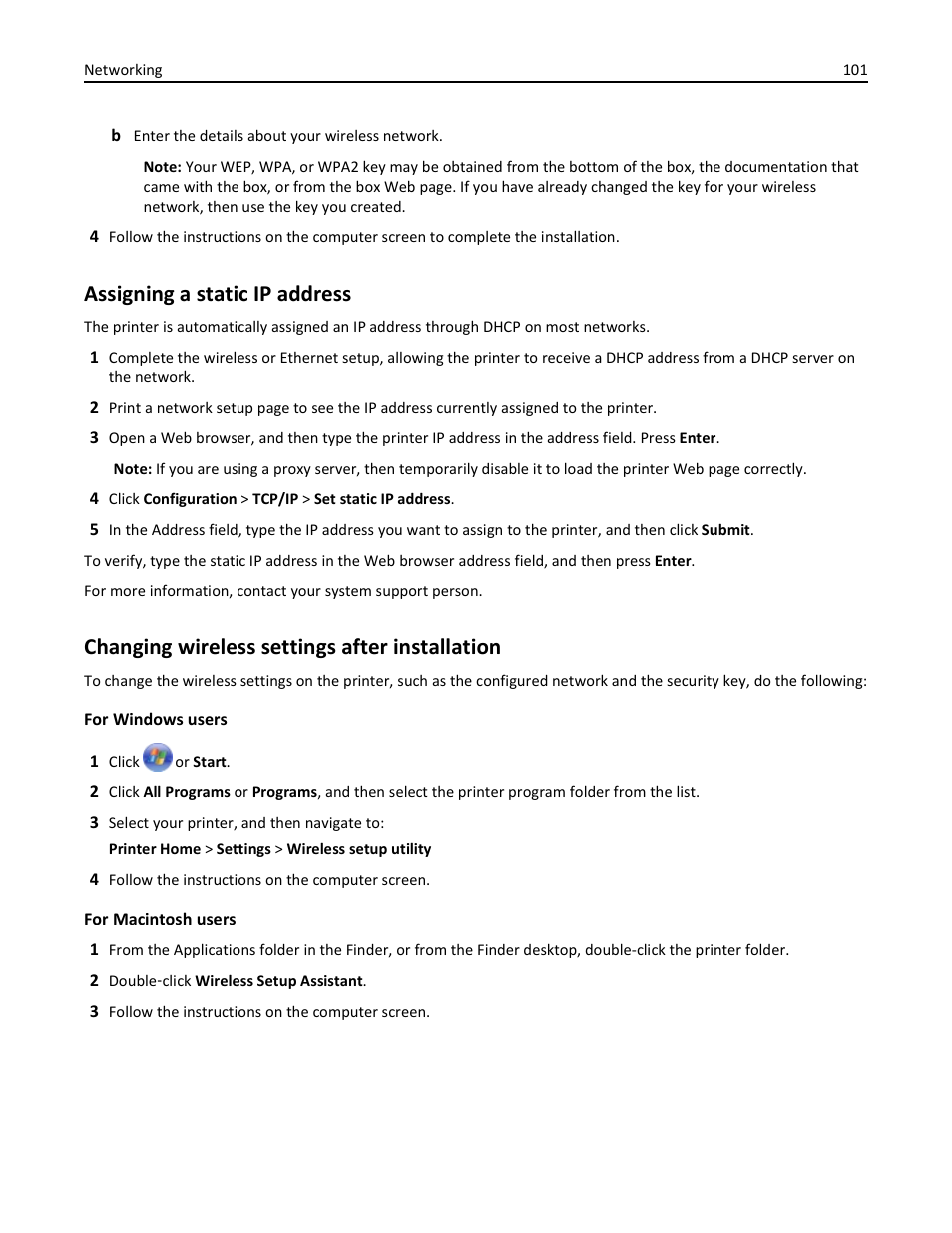 Assigning a static ip address, Changing wireless settings after installation | Dell V725w All In One Wireless Inkjet Printer User Manual | Page 101 / 186