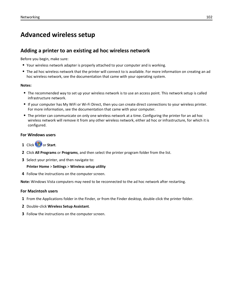 Advanced wireless setup | Dell V725w All In One Wireless Inkjet Printer User Manual | Page 102 / 186