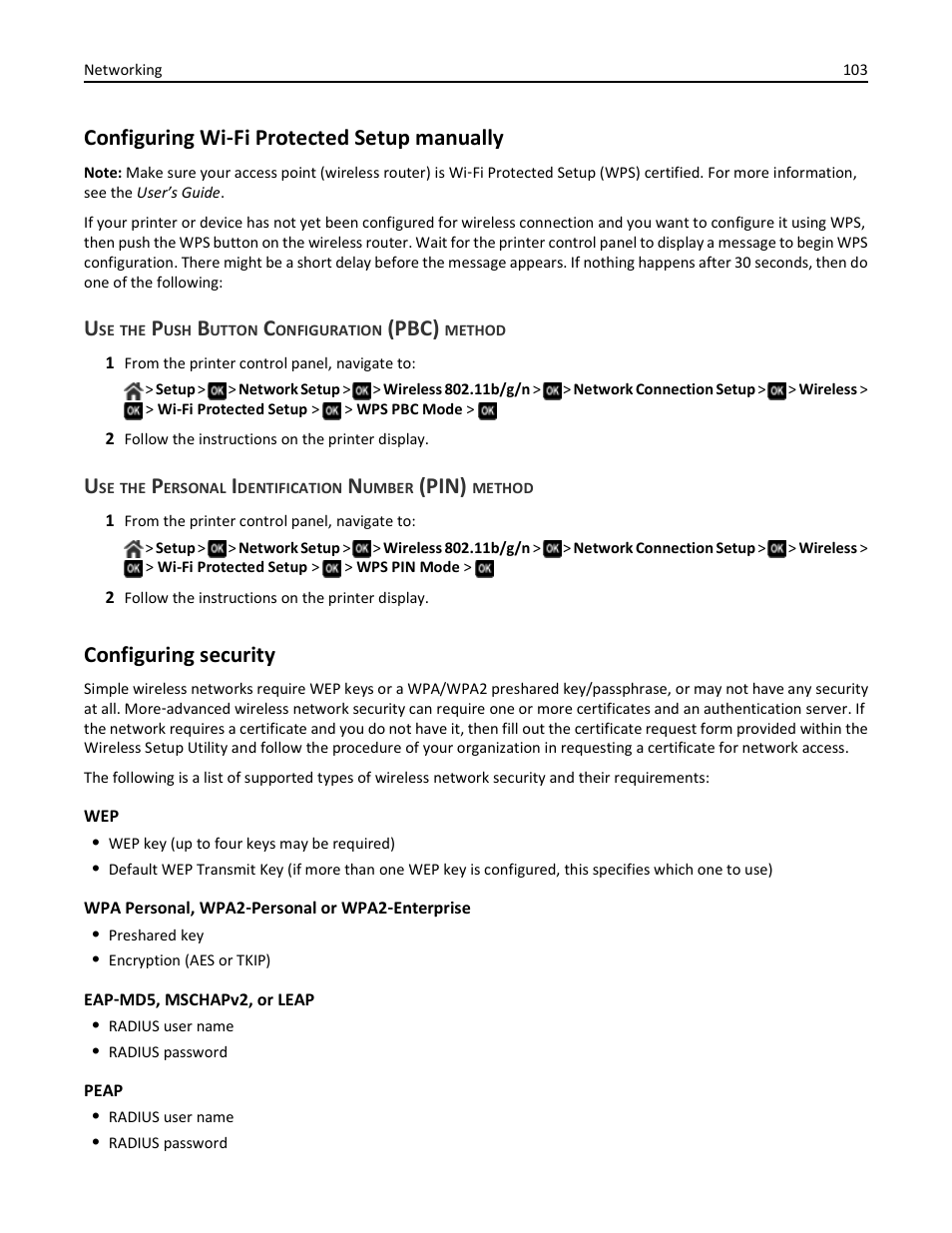 Configuring wi-fi protected setup manually, Use the push button configuration (pbc) method, Configuring security | Configuring wi ‑ fi protected setup manually, Pbc), Pin) | Dell V725w All In One Wireless Inkjet Printer User Manual | Page 103 / 186