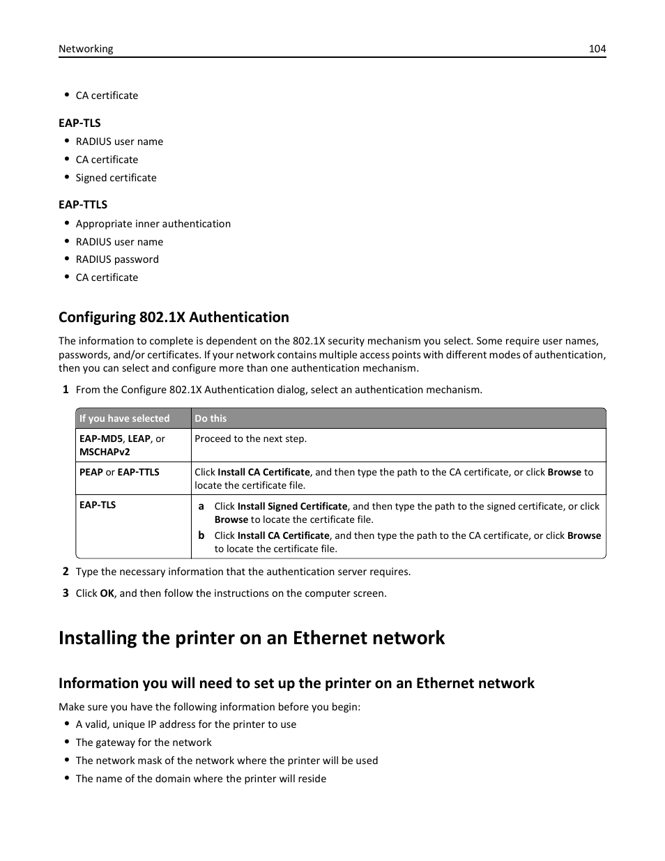 Configuring 802.1x authentication, Installing the printer on an ethernet network | Dell V725w All In One Wireless Inkjet Printer User Manual | Page 104 / 186