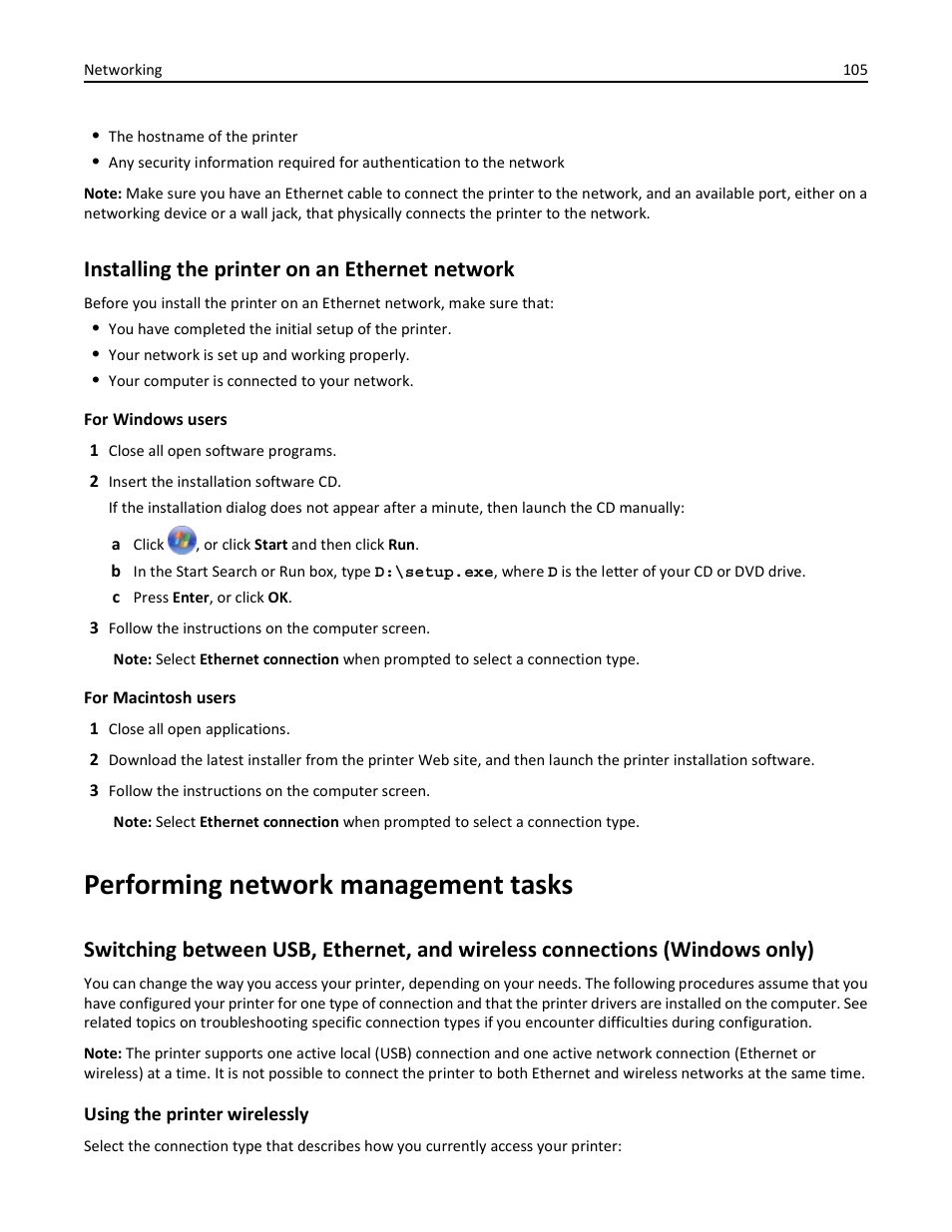 Installing the printer on an ethernet network, Performing network management tasks | Dell V725w All In One Wireless Inkjet Printer User Manual | Page 105 / 186