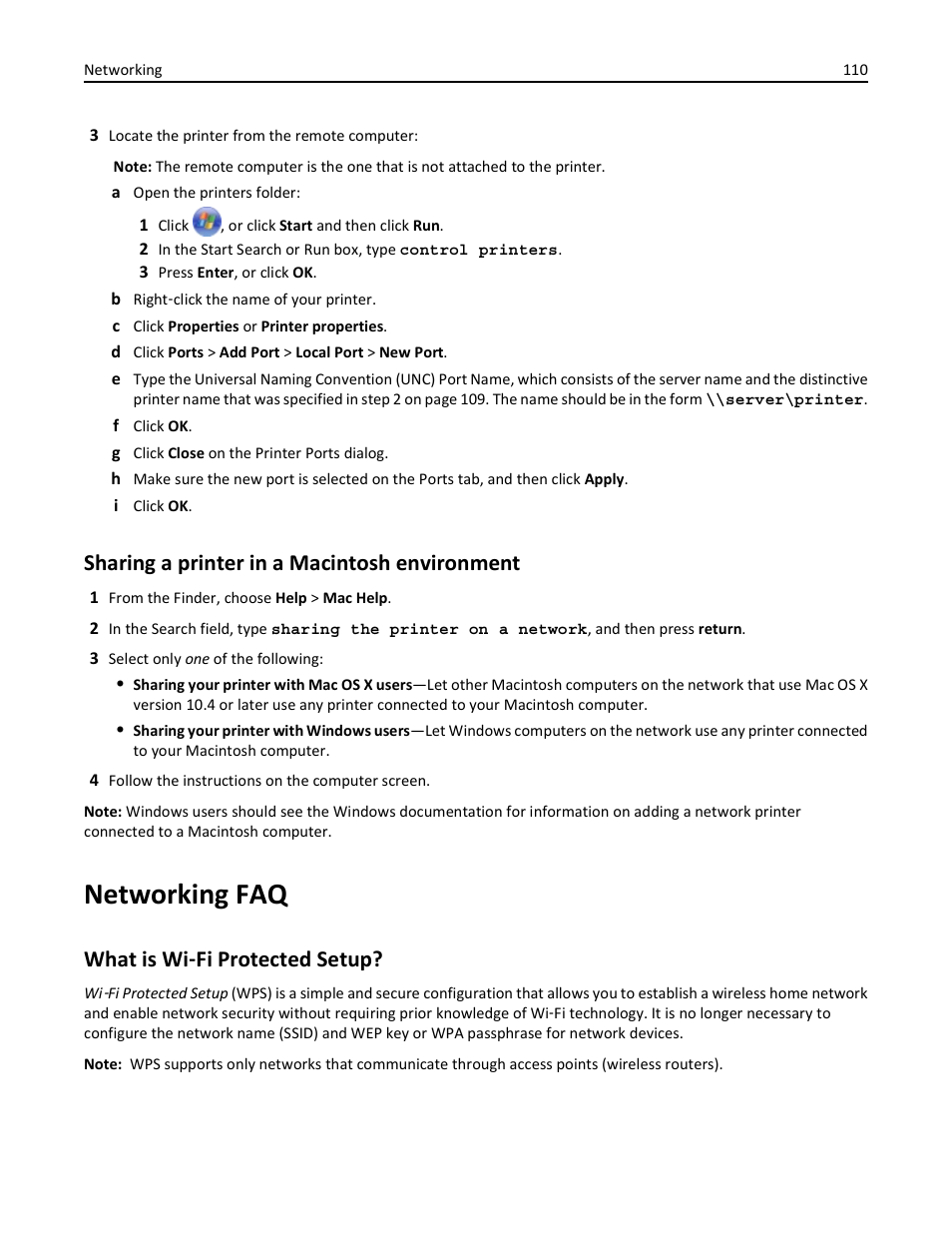 Sharing a printer in a macintosh environment, Networking faq, What is wi-fi protected setup | What is wi ‑ fi protected setup | Dell V725w All In One Wireless Inkjet Printer User Manual | Page 110 / 186