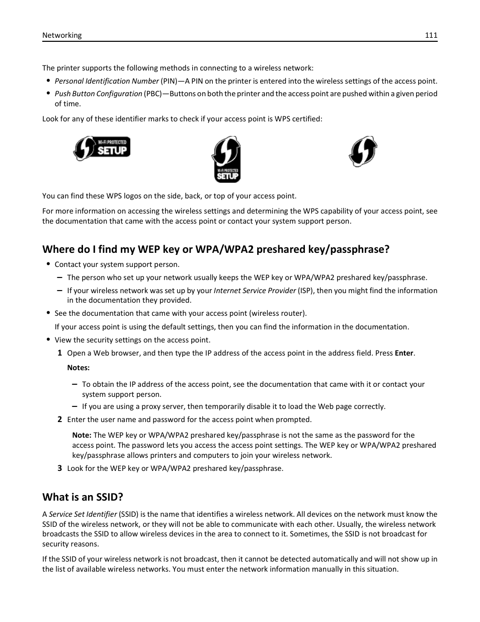 What is an ssid | Dell V725w All In One Wireless Inkjet Printer User Manual | Page 111 / 186