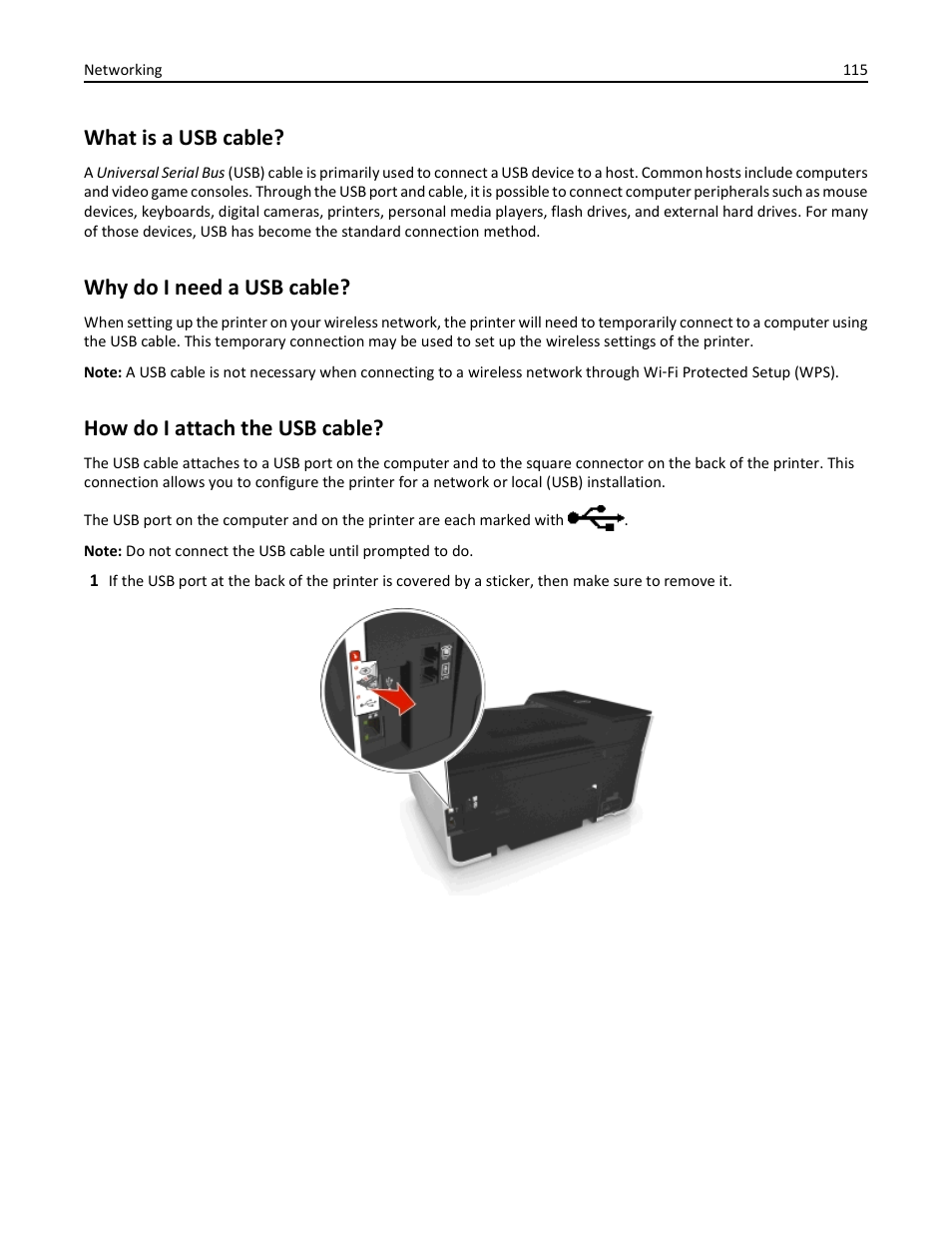 What is a usb cable, Why do i need a usb cable, How do i attach the usb cable | Dell V725w All In One Wireless Inkjet Printer User Manual | Page 115 / 186