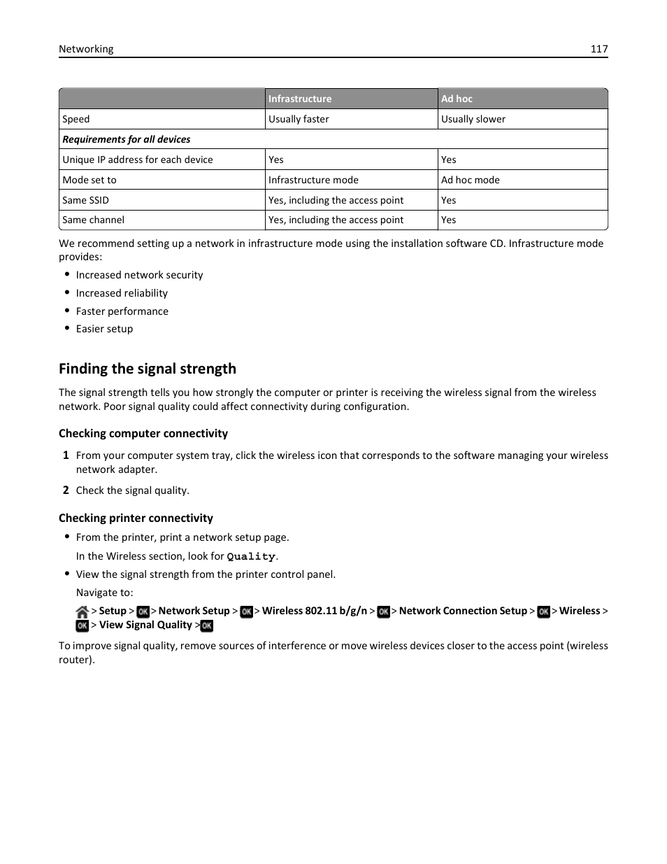 Finding the signal strength | Dell V725w All In One Wireless Inkjet Printer User Manual | Page 117 / 186