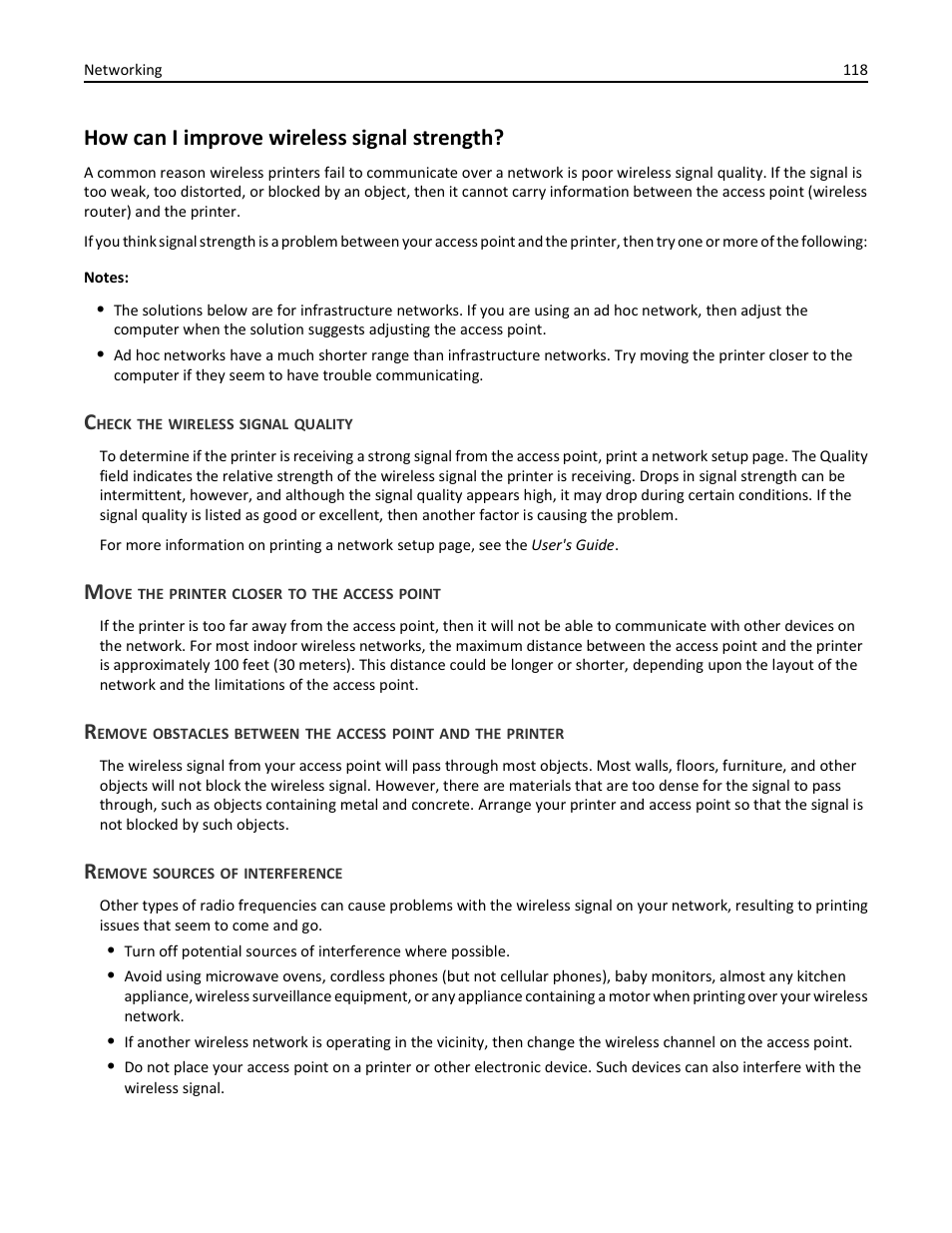 How can i improve wireless signal strength, Check the wireless signal quality, Move the printer closer to the access point | Remove sources of interference | Dell V725w All In One Wireless Inkjet Printer User Manual | Page 118 / 186