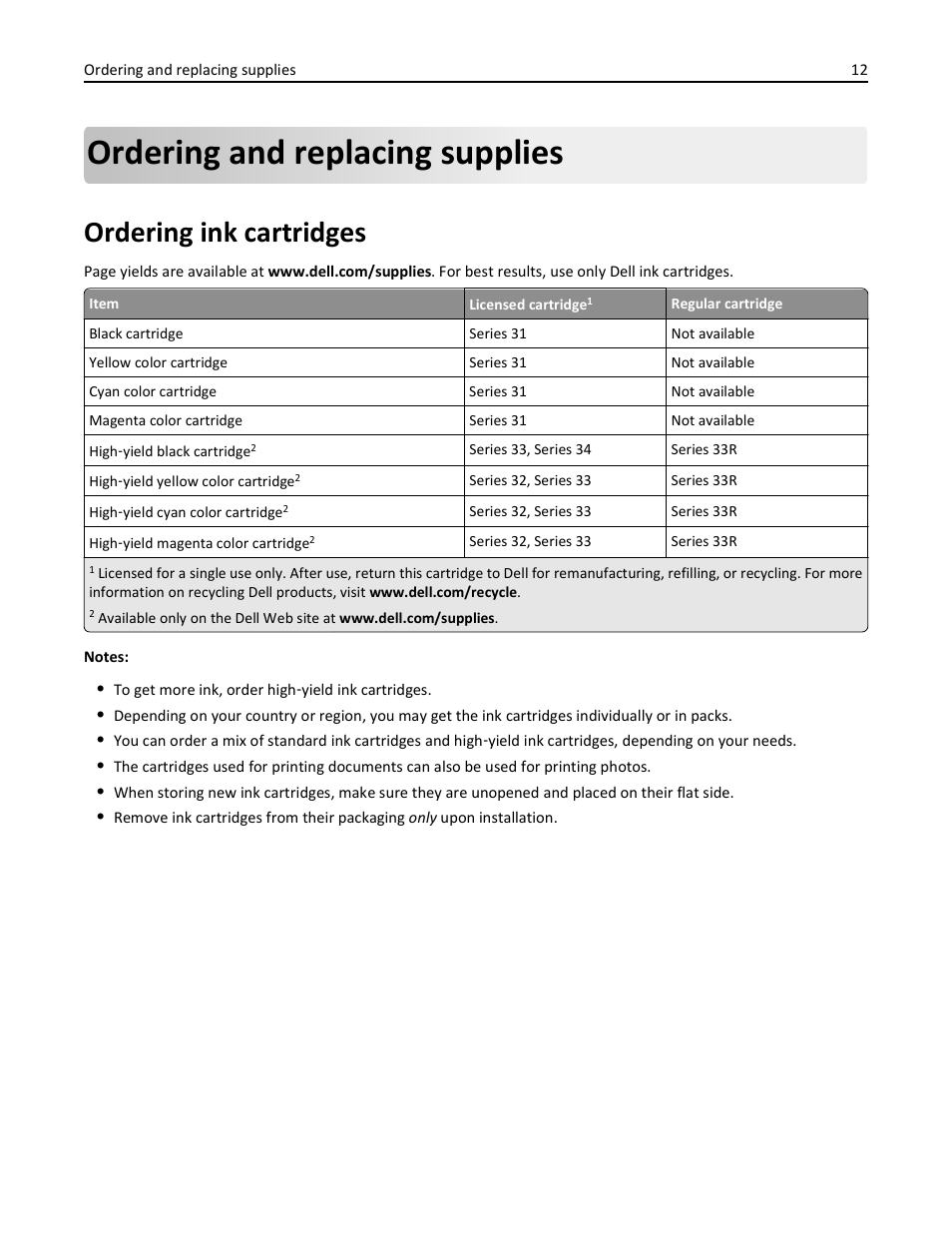 Ordering and replacing supplies, Ordering ink cartridges | Dell V725w All In One Wireless Inkjet Printer User Manual | Page 12 / 186