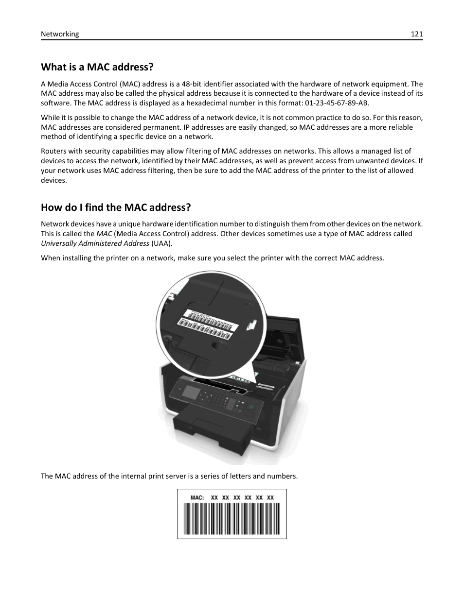 What is a mac address, How do i find the mac address | Dell V725w All In One Wireless Inkjet Printer User Manual | Page 121 / 186