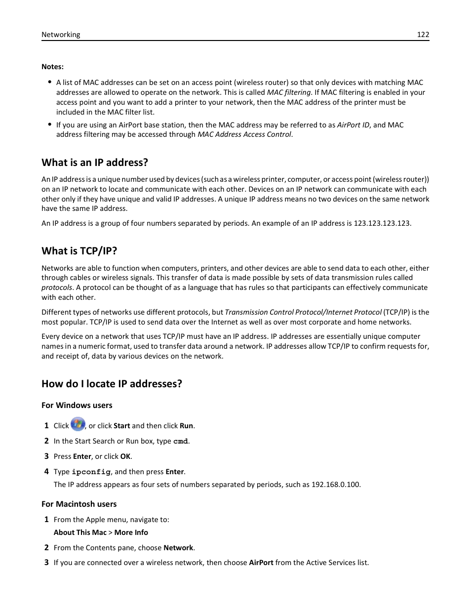 What is an ip address, What is tcp/ip, How do i locate ip addresses | Dell V725w All In One Wireless Inkjet Printer User Manual | Page 122 / 186