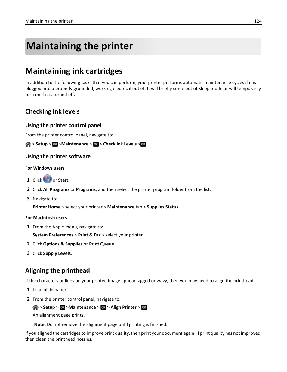 Maintaining the printer, Maintaining ink cartridges, Checking ink levels | Aligning the printhead | Dell V725w All In One Wireless Inkjet Printer User Manual | Page 124 / 186