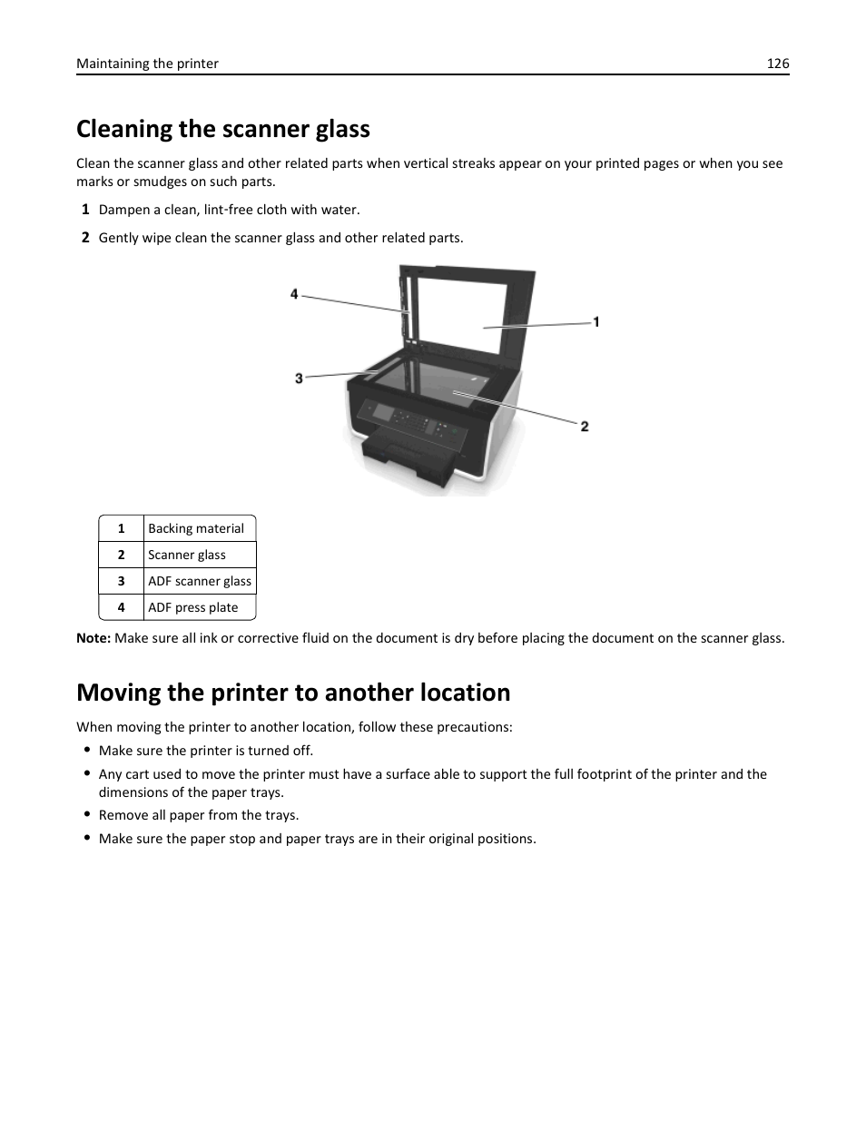 Cleaning the scanner glass, Moving the printer to another location | Dell V725w All In One Wireless Inkjet Printer User Manual | Page 126 / 186