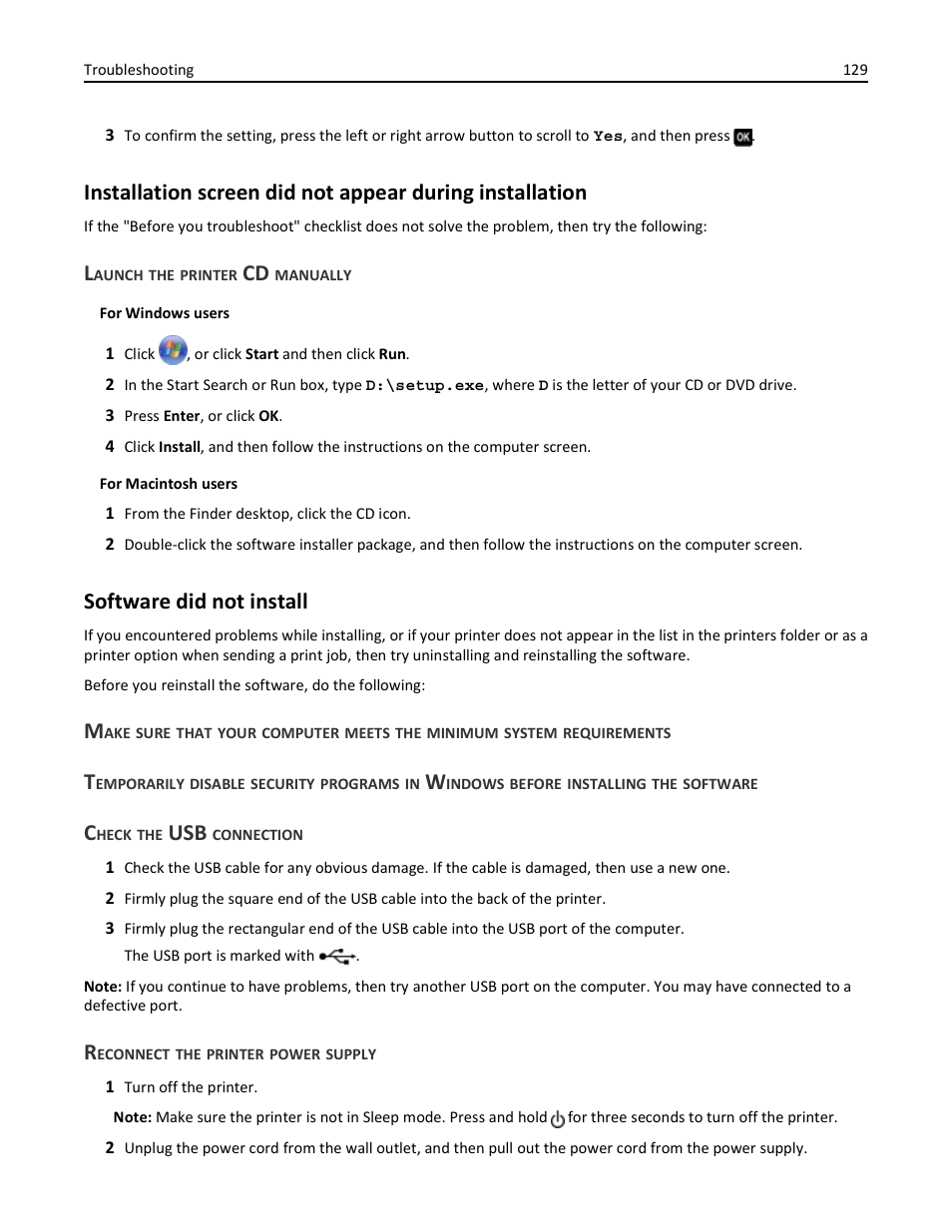 Launch the printer cd manually, Software did not install, Check the usb connection | Reconnect the printer power supply | Dell V725w All In One Wireless Inkjet Printer User Manual | Page 129 / 186