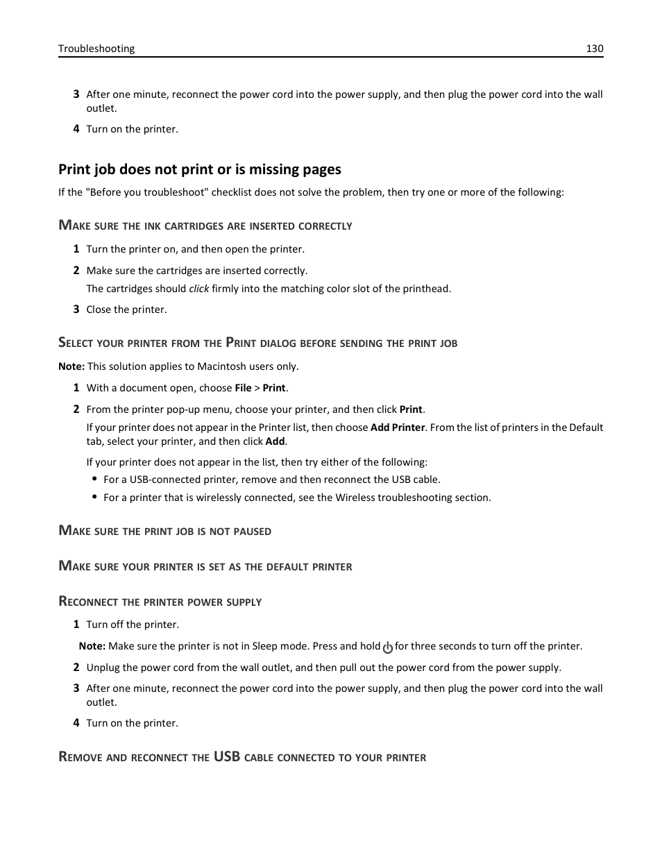 Make sure the print job is not paused, Reconnect the printer power supply, Print job does not print or is missing pages | Dell V725w All In One Wireless Inkjet Printer User Manual | Page 130 / 186