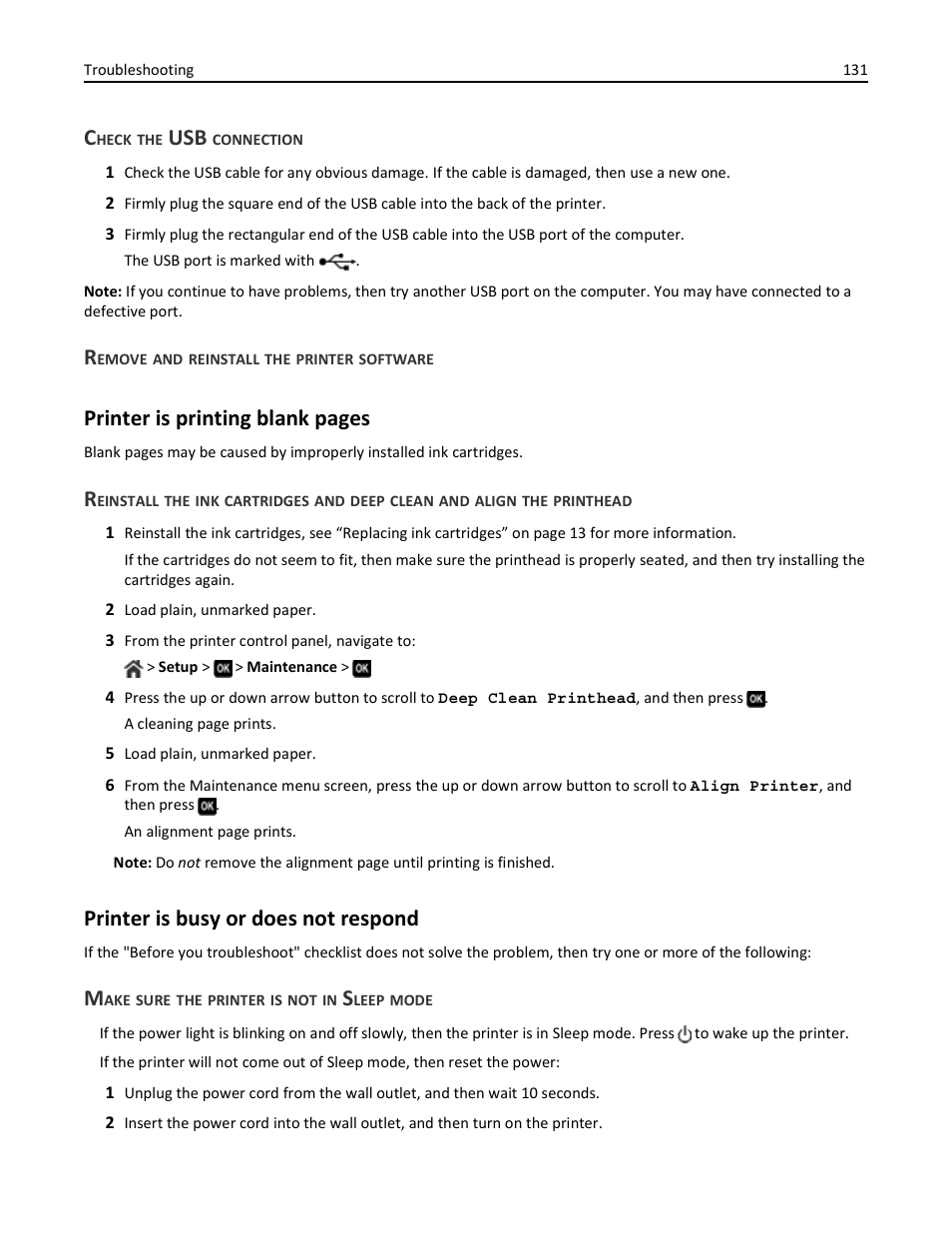 Check the usb connection, Remove and reinstall the printer software, Printer is busy or does not respond | Make sure the printer is not in sleep mode, Printer is printing blank pages | Dell V725w All In One Wireless Inkjet Printer User Manual | Page 131 / 186