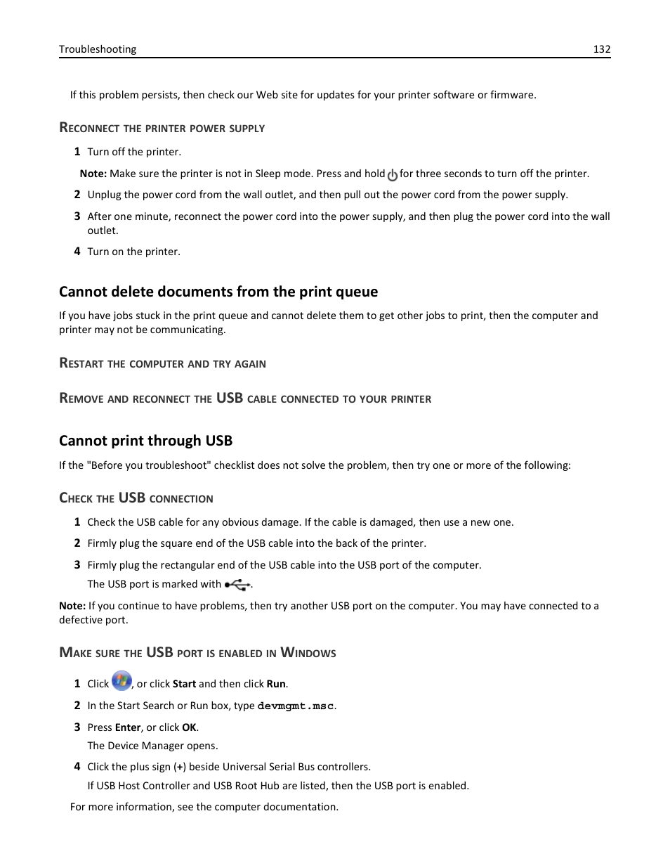 Reconnect the printer power supply, Cannot delete documents from the print queue, Restart the computer and try again | Cannot print through usb, Check the usb connection, Make sure the usb port is enabled in windows | Dell V725w All In One Wireless Inkjet Printer User Manual | Page 132 / 186