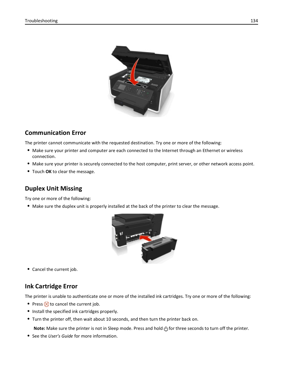 Communication error, Duplex unit missing, Ink cartridge error | Dell V725w All In One Wireless Inkjet Printer User Manual | Page 134 / 186