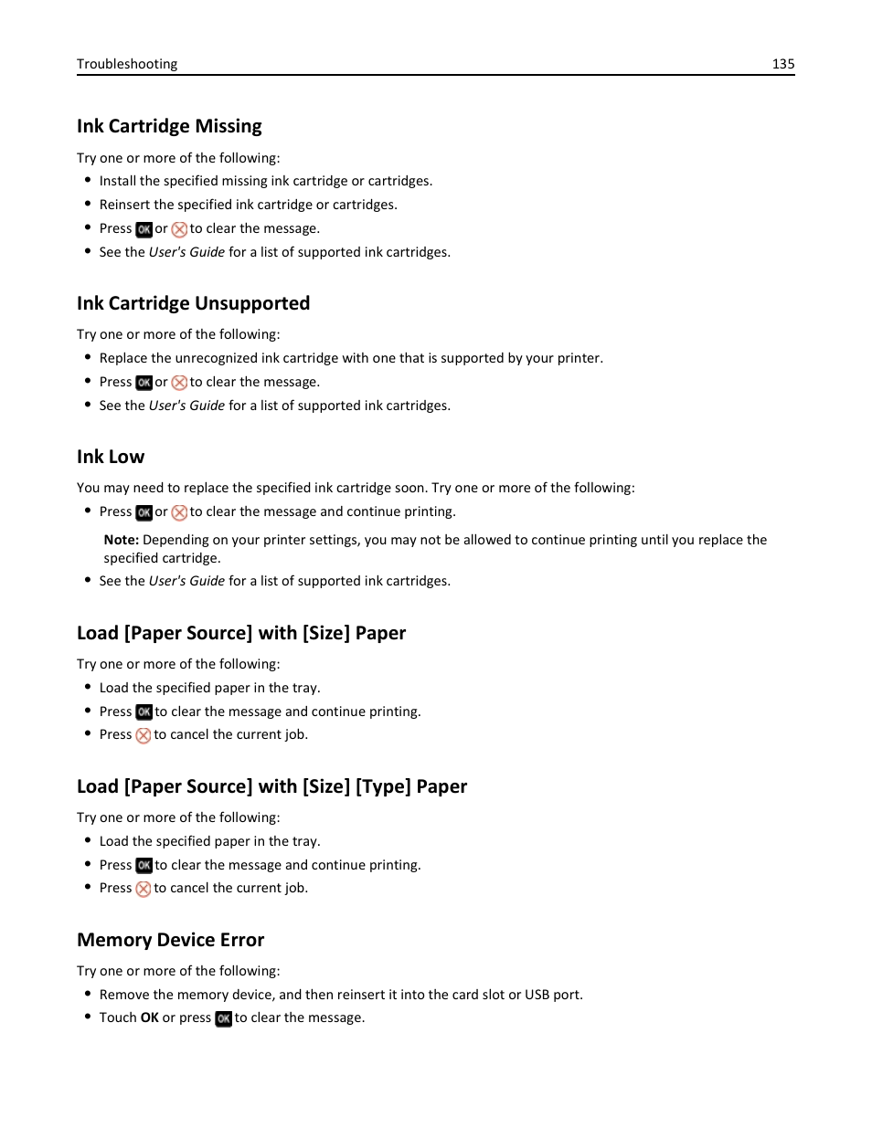 Ink cartridge missing, Ink cartridge unsupported, Ink low | Load [paper source] with [size] paper, Load [paper source] with [size] [type] paper, Memory device error | Dell V725w All In One Wireless Inkjet Printer User Manual | Page 135 / 186