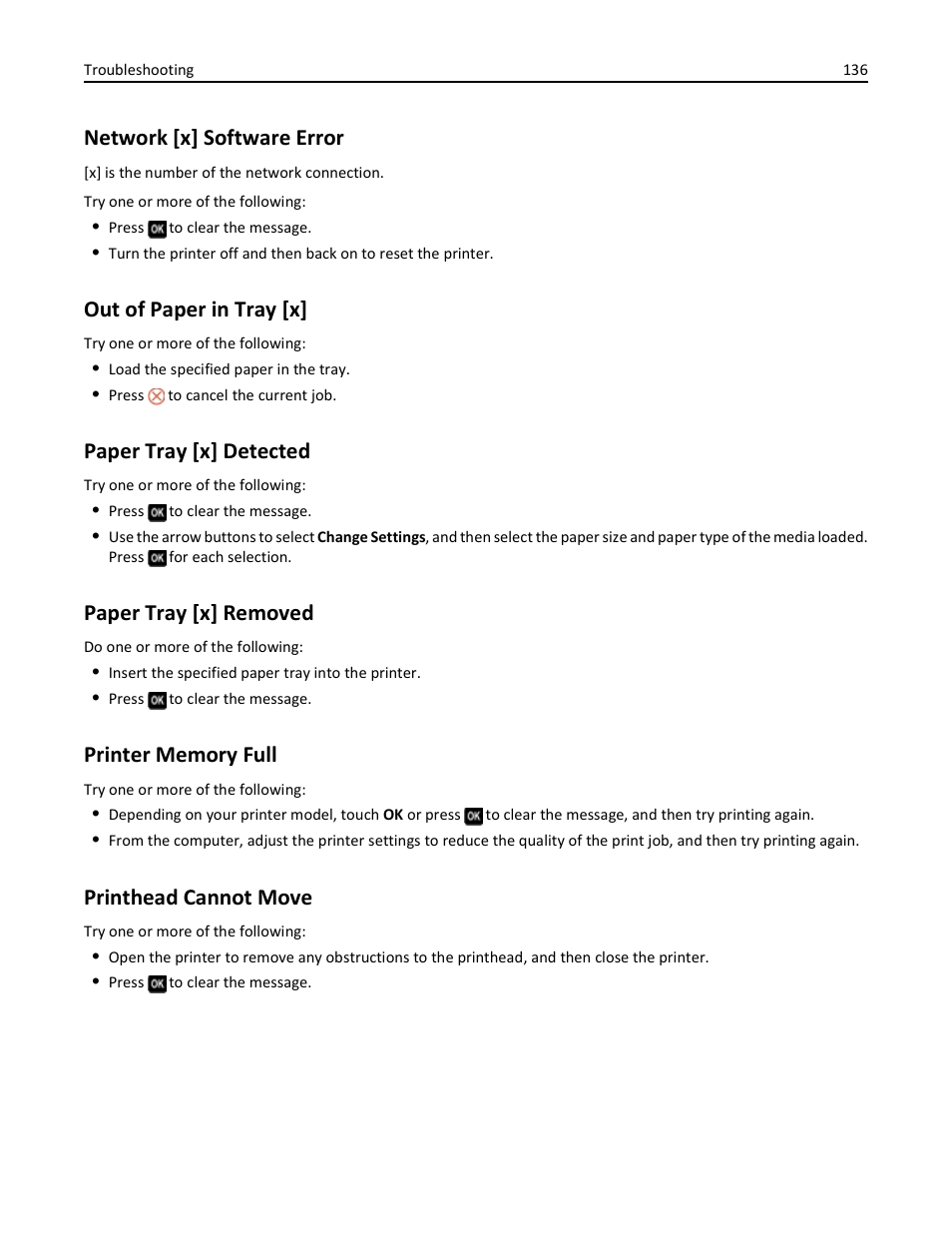 Network [x] software error, Out of paper in tray [x, Paper tray [x] detected | Paper tray [x] removed, Printer memory full, Printhead cannot move | Dell V725w All In One Wireless Inkjet Printer User Manual | Page 136 / 186