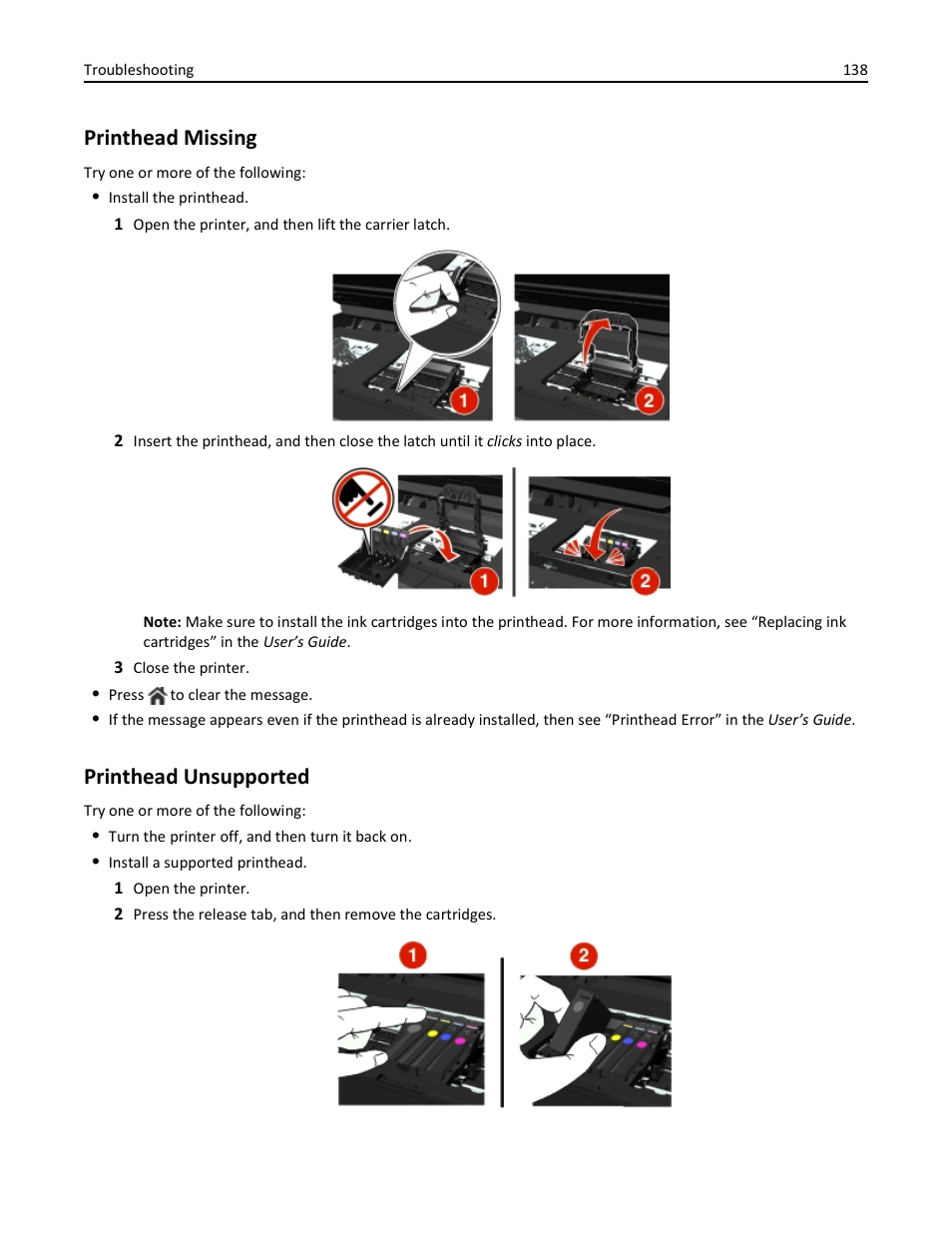 Printhead missing, Printhead unsupported | Dell V725w All In One Wireless Inkjet Printer User Manual | Page 138 / 186