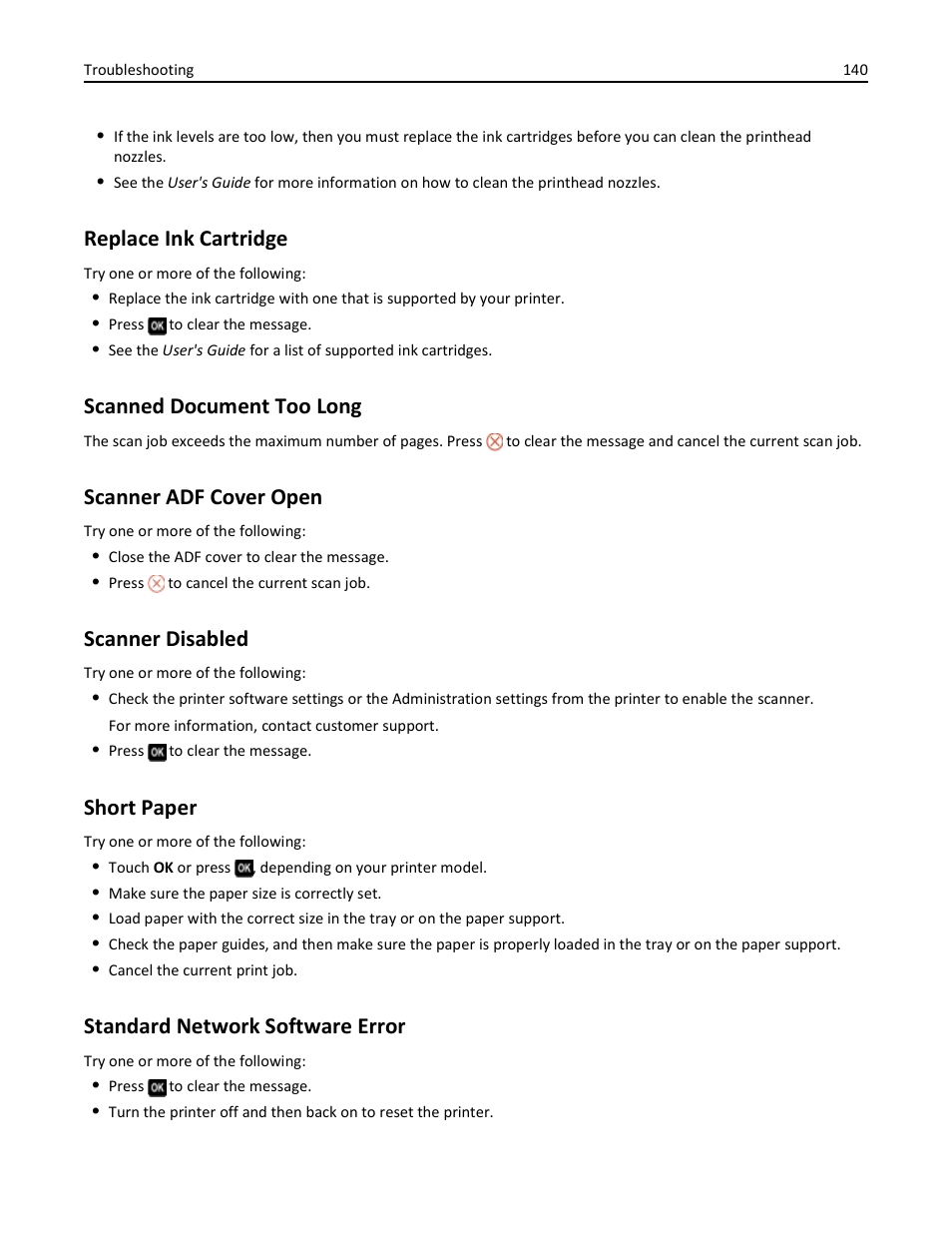 Replace ink cartridge, Scanned document too long, Scanner adf cover open | Scanner disabled, Short paper, Standard network software error | Dell V725w All In One Wireless Inkjet Printer User Manual | Page 140 / 186