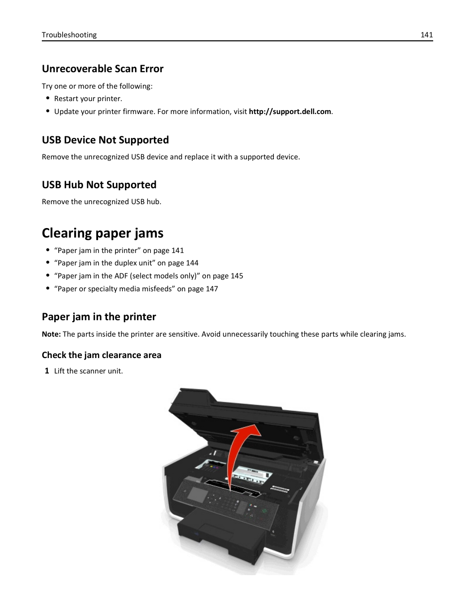 Unrecoverable scan error, Usb device not supported, Usb hub not supported | Clearing paper jams, Paper jam in the printer | Dell V725w All In One Wireless Inkjet Printer User Manual | Page 141 / 186