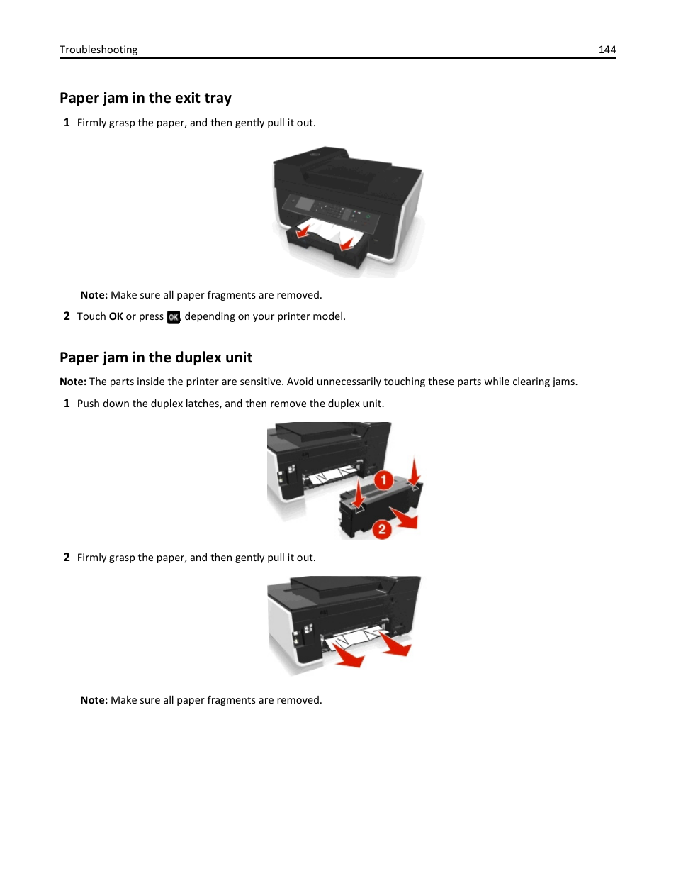 Paper jam in the exit tray, Paper jam in the duplex unit | Dell V725w All In One Wireless Inkjet Printer User Manual | Page 144 / 186