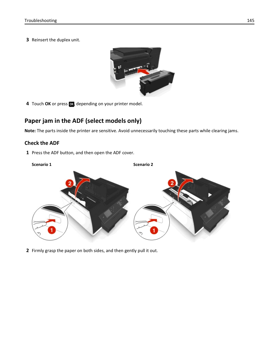 Paper jam in the adf (select models only) | Dell V725w All In One Wireless Inkjet Printer User Manual | Page 145 / 186