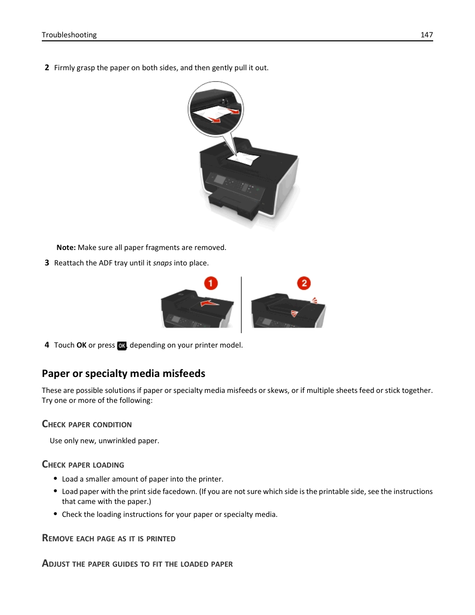 Paper or specialty media misfeeds, Check paper condition, Check paper loading | Adjust the paper guides to fit the loaded paper | Dell V725w All In One Wireless Inkjet Printer User Manual | Page 147 / 186