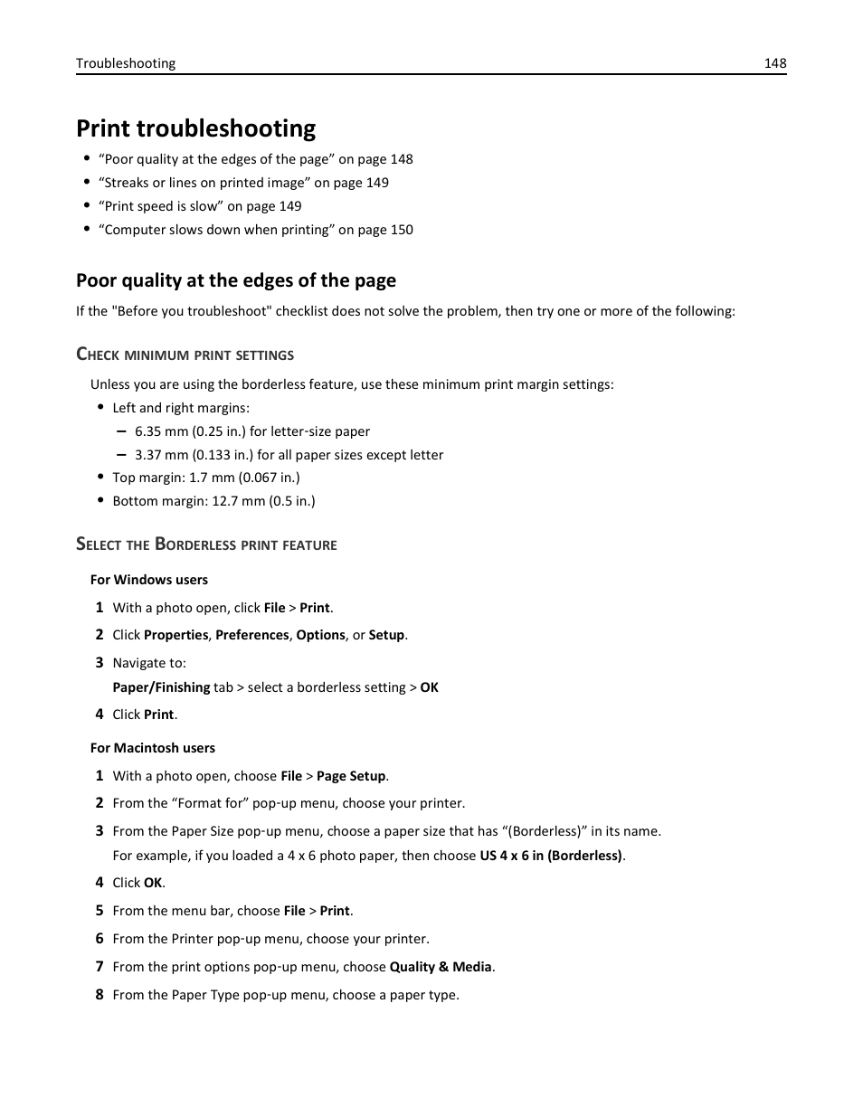 Print troubleshooting, Check minimum print settings, Select the borderless print feature | Poor quality at the edges of the page | Dell V725w All In One Wireless Inkjet Printer User Manual | Page 148 / 186