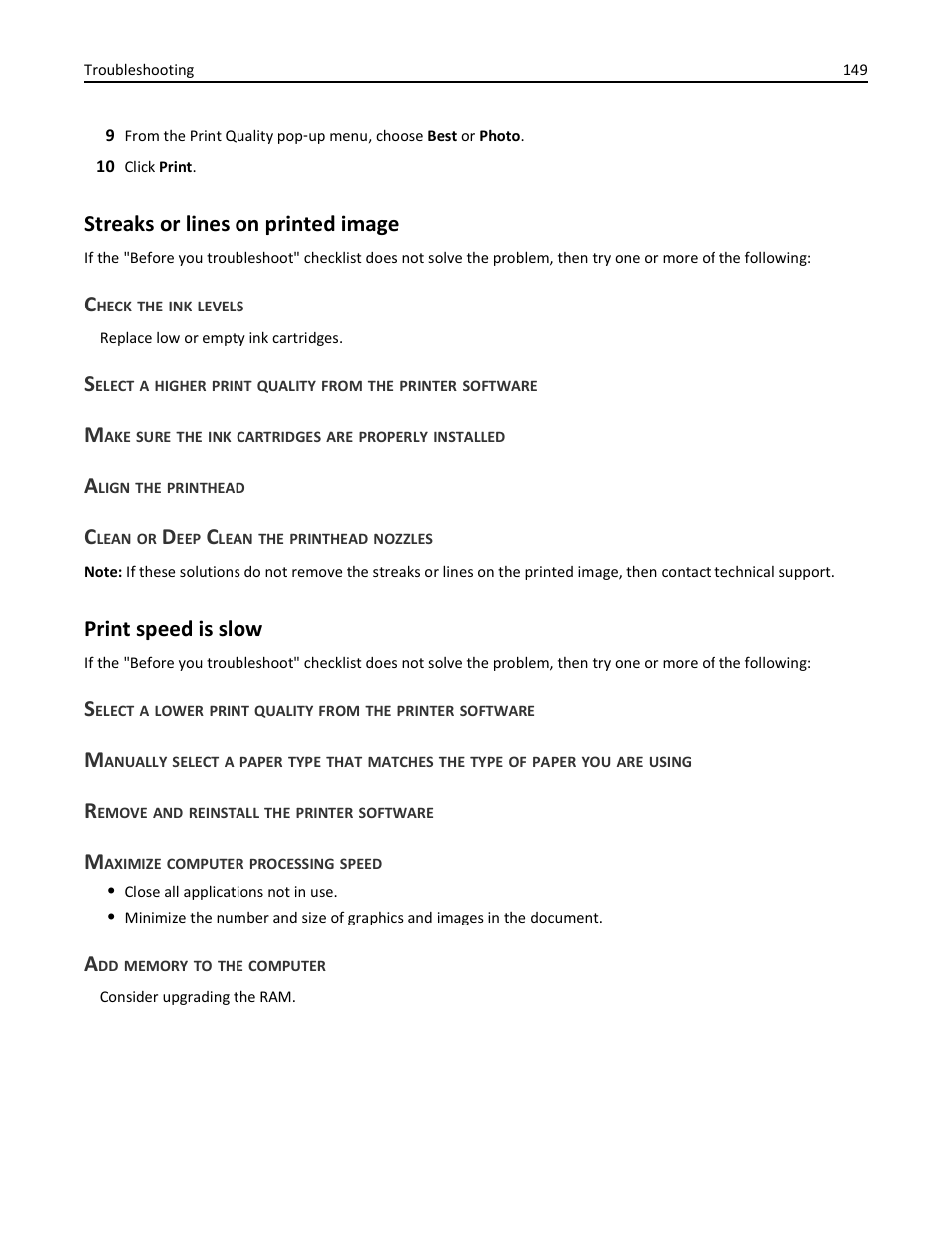 Streaks or lines on printed image, Check the ink levels, Align the printhead | Clean or deep clean the printhead nozzles, Print speed is slow, Remove and reinstall the printer software, Maximize computer processing speed, Add memory to the computer | Dell V725w All In One Wireless Inkjet Printer User Manual | Page 149 / 186