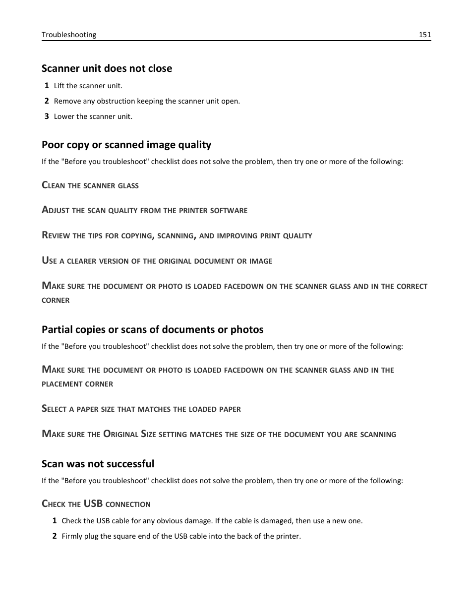 Scanner unit does not close, Poor copy or scanned image quality, Clean the scanner glass | Adjust the scan quality from the printer software, Partial copies or scans of documents or photos, Select a paper size that matches the loaded paper, Scan was not successful, Check the usb connection | Dell V725w All In One Wireless Inkjet Printer User Manual | Page 151 / 186