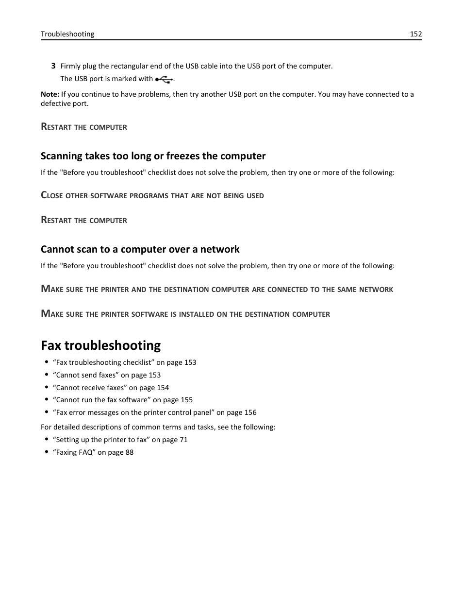 Restart the computer, Scanning takes too long or freezes the computer, Cannot scan to a computer over a network | Fax troubleshooting | Dell V725w All In One Wireless Inkjet Printer User Manual | Page 152 / 186