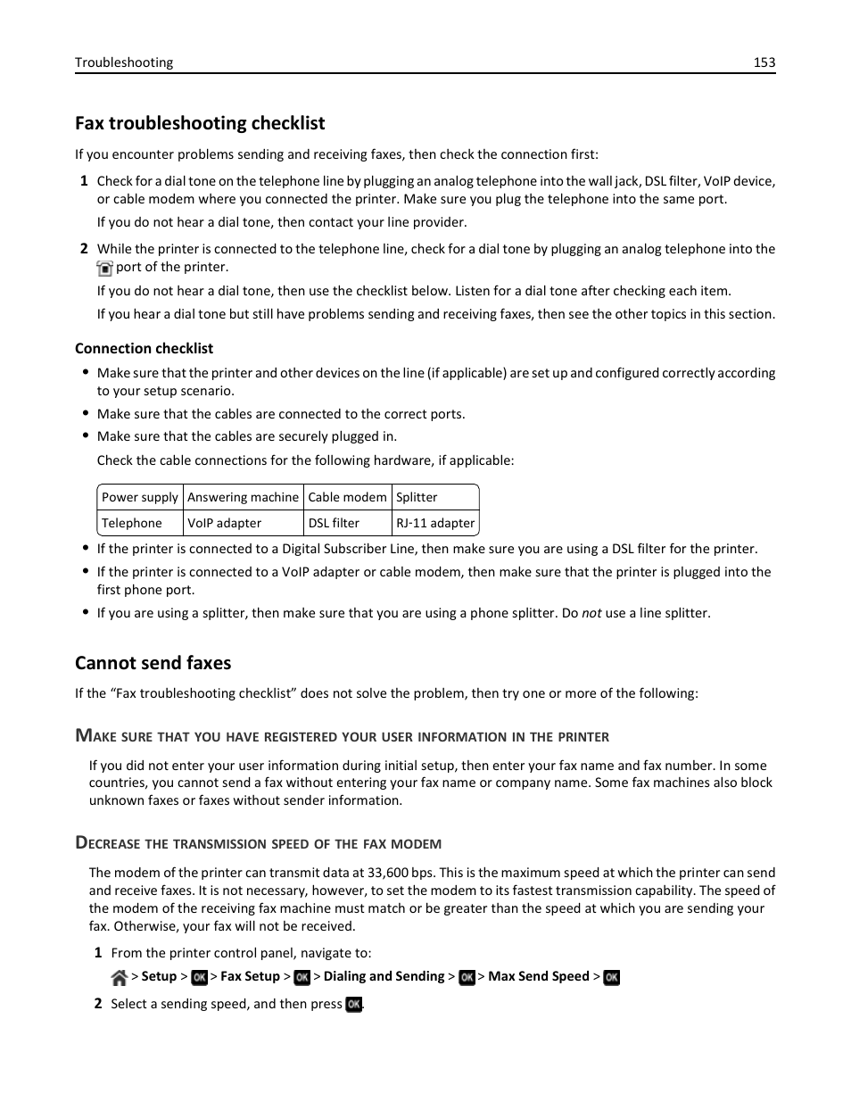 Fax troubleshooting checklist, Cannot send faxes, Decrease the transmission speed of the fax modem | Dell V725w All In One Wireless Inkjet Printer User Manual | Page 153 / 186