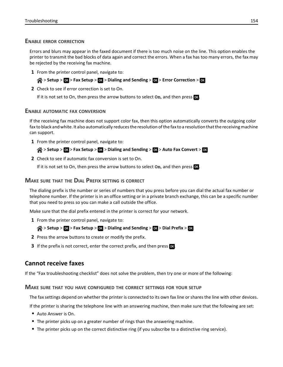 Enable error correction, Enable automatic fax conversion, Make sure that the dial prefix setting is correct | Cannot receive faxes | Dell V725w All In One Wireless Inkjet Printer User Manual | Page 154 / 186