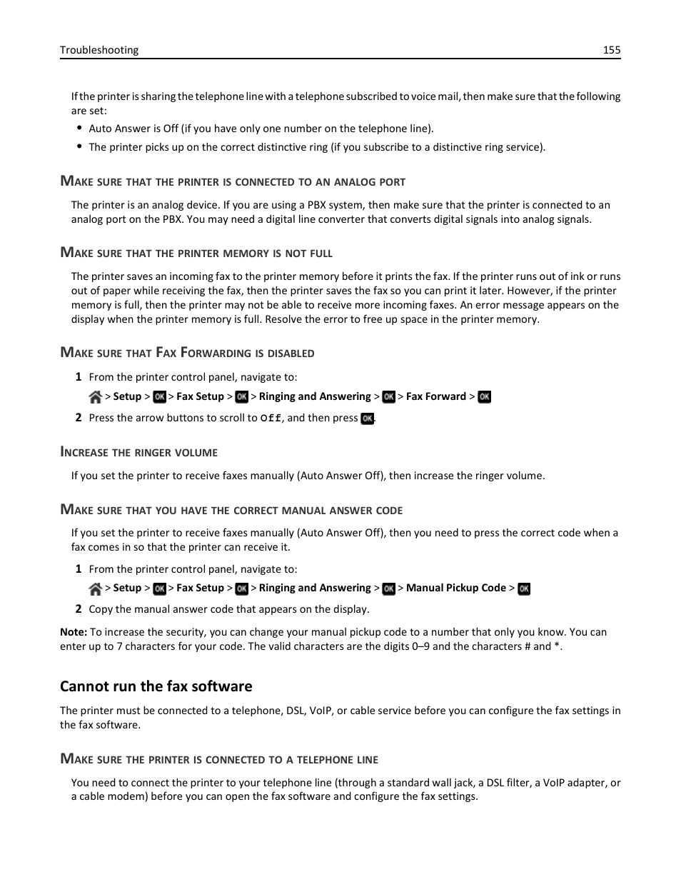 Make sure that the printer memory is not full, Make sure that fax forwarding is disabled, Increase the ringer volume | Cannot run the fax software | Dell V725w All In One Wireless Inkjet Printer User Manual | Page 155 / 186