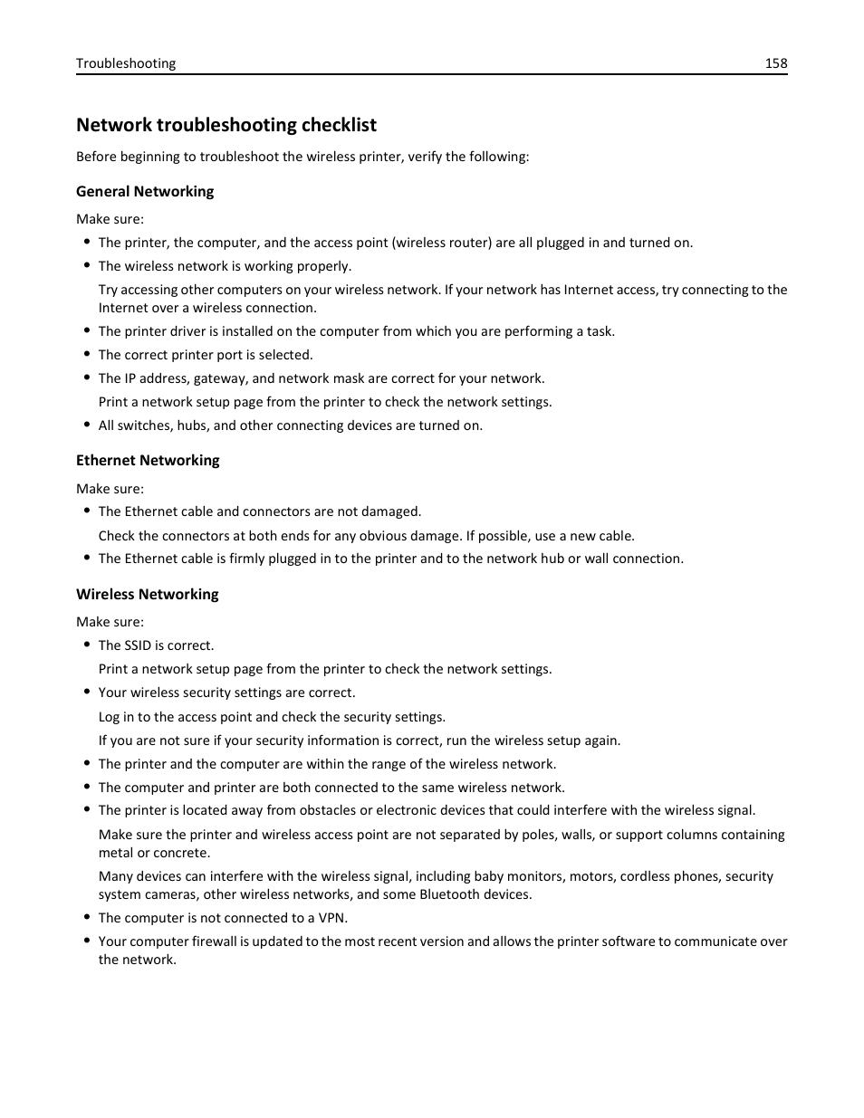 Network troubleshooting checklist | Dell V725w All In One Wireless Inkjet Printer User Manual | Page 158 / 186