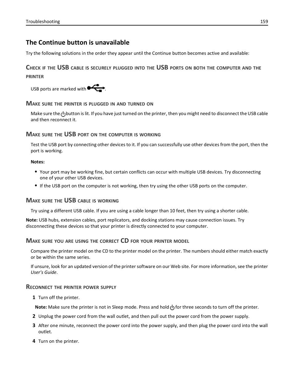 The continue button is unavailable, Make sure the printer is plugged in and turned on, Make sure the usb port on the computer is working | Make sure the usb cable is working, Reconnect the printer power supply | Dell V725w All In One Wireless Inkjet Printer User Manual | Page 159 / 186