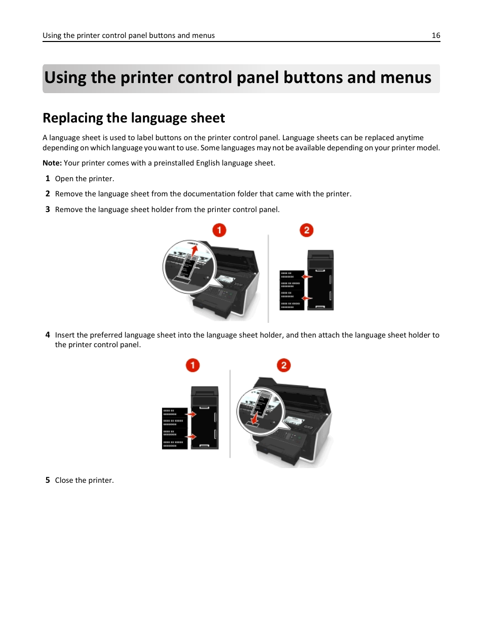 Using the printer control panel buttons and menus, Replacing the language sheet | Dell V725w All In One Wireless Inkjet Printer User Manual | Page 16 / 186