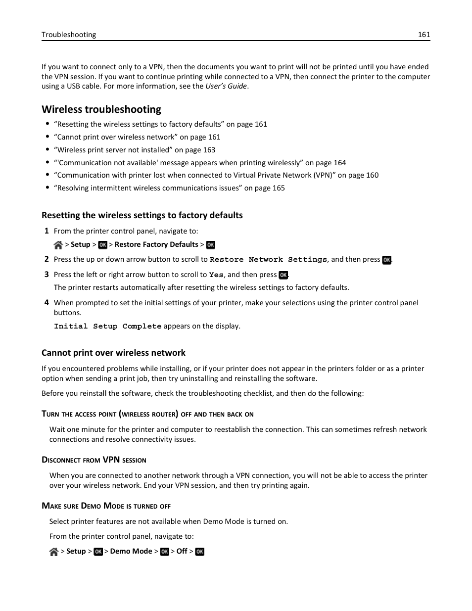 Wireless troubleshooting, Cannot print over wireless network | Dell V725w All In One Wireless Inkjet Printer User Manual | Page 161 / 186