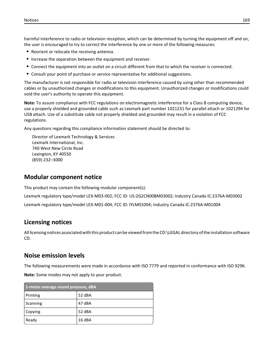 Modular component notice, Licensing notices, Noise emission levels | Dell V725w All In One Wireless Inkjet Printer User Manual | Page 169 / 186