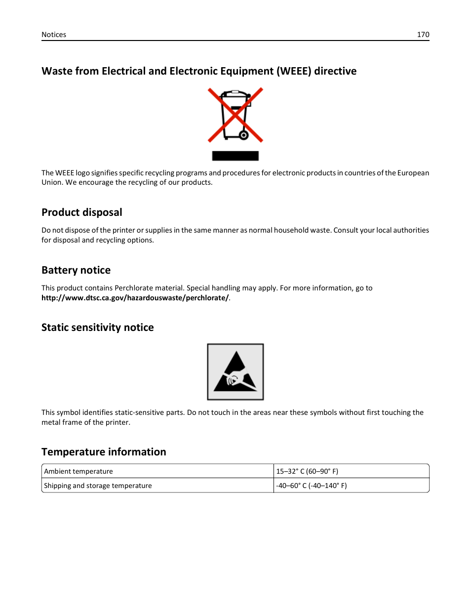 Product disposal, Battery notice, Static sensitivity notice | Temperature information | Dell V725w All In One Wireless Inkjet Printer User Manual | Page 170 / 186