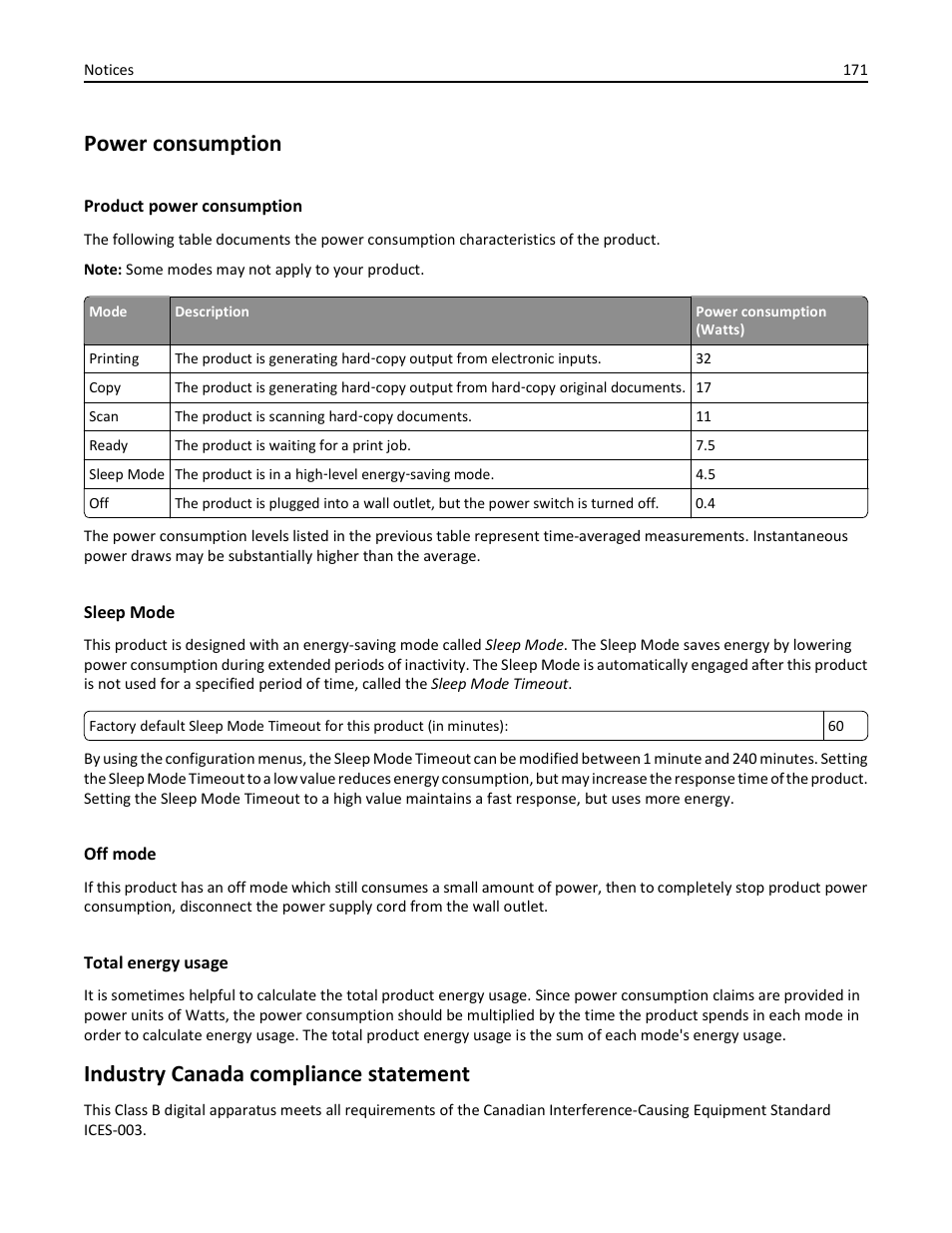 Power consumption, Product power consumption, Sleep mode | Off mode, Total energy usage, Industry canada compliance statement | Dell V725w All In One Wireless Inkjet Printer User Manual | Page 171 / 186