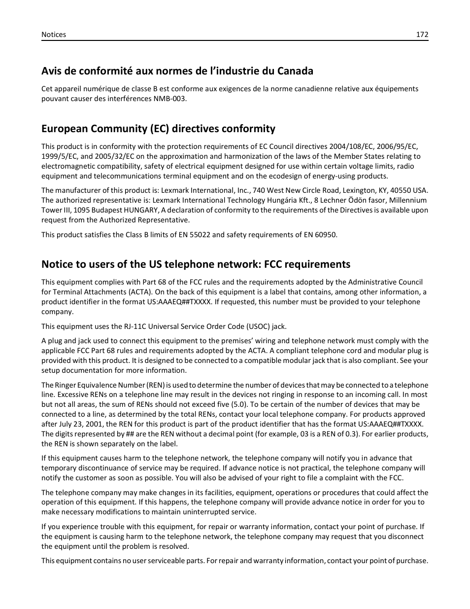 European community (ec) directives conformity | Dell V725w All In One Wireless Inkjet Printer User Manual | Page 172 / 186
