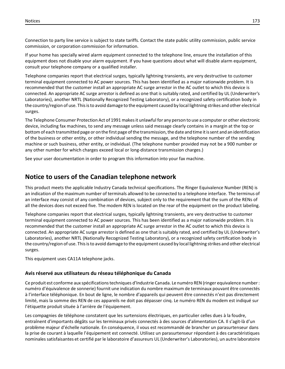 Notice to users of the canadian telephone network | Dell V725w All In One Wireless Inkjet Printer User Manual | Page 173 / 186