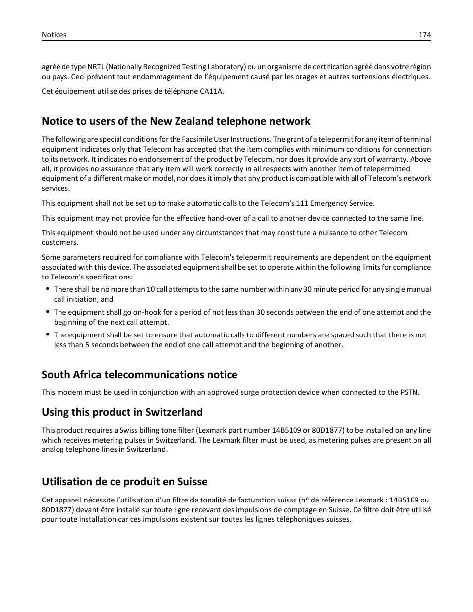 South africa telecommunications notice, Using this product in switzerland, Utilisation de ce produit en suisse | Dell V725w All In One Wireless Inkjet Printer User Manual | Page 174 / 186