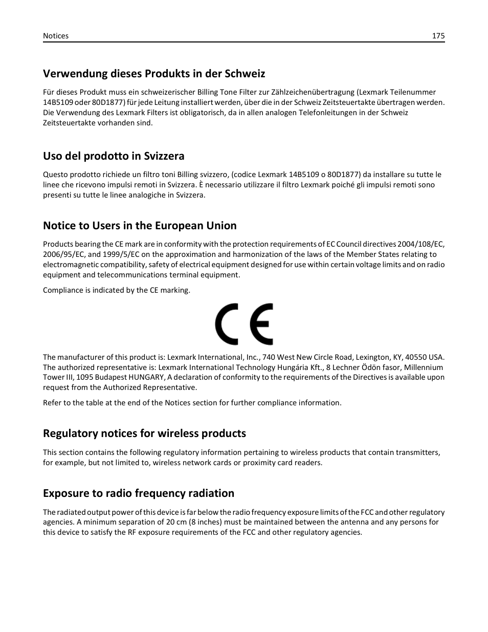 Notice to users in the european union, Regulatory notices for wireless products, Exposure to radio frequency radiation | Verwendung dieses produkts in der schweiz, Uso del prodotto in svizzera | Dell V725w All In One Wireless Inkjet Printer User Manual | Page 175 / 186