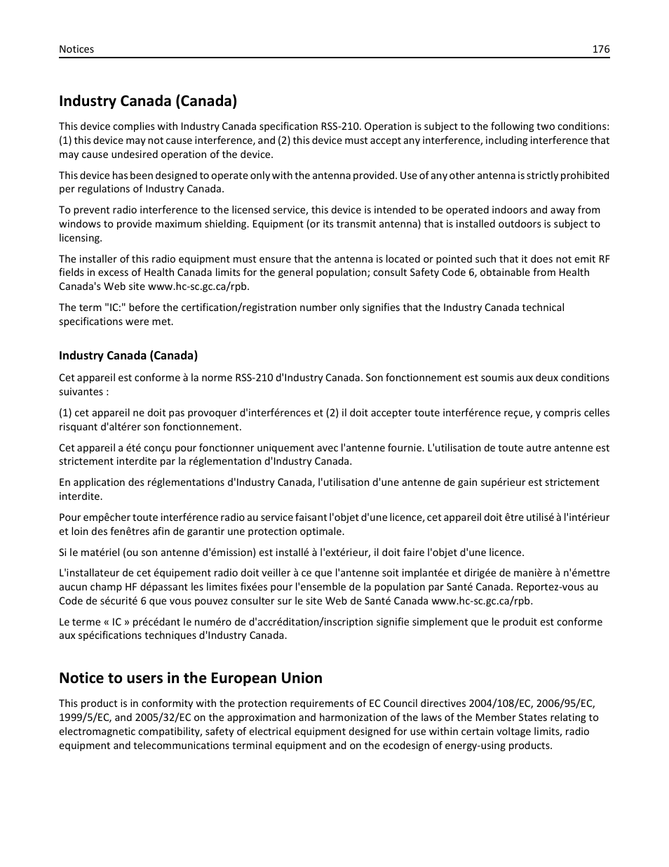 Industry canada (canada), Notice to users in the european union | Dell V725w All In One Wireless Inkjet Printer User Manual | Page 176 / 186