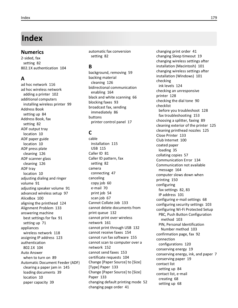 Index, Numerics | Dell V725w All In One Wireless Inkjet Printer User Manual | Page 179 / 186