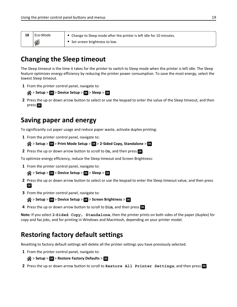 Changing the sleep timeout, Saving paper and energy, Restoring factory default settings | Dell V725w All In One Wireless Inkjet Printer User Manual | Page 19 / 186